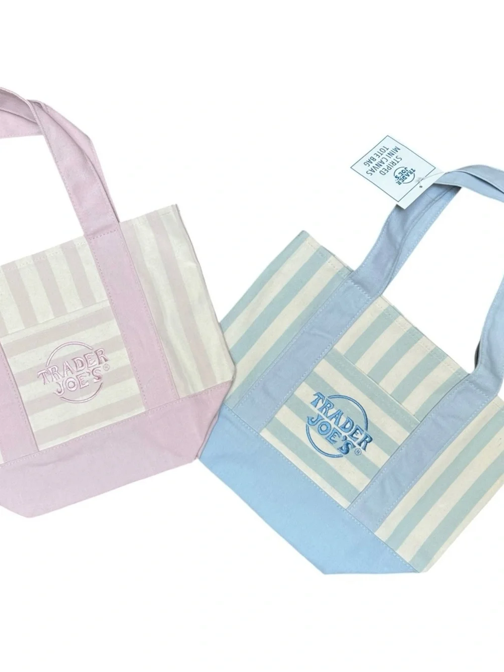 Complete Set of 2- Trader Joe's Pastel Pink Blue Striped Canvas Mini Tote Bags